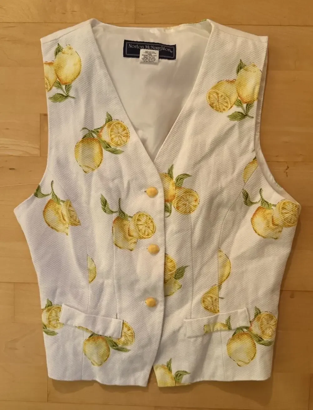 VTG Norton McNaughton Waffle Cotton White Lemon Vest Button Womens 6 Petite